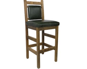 24" or 30" Rustic Barn wood Upholstered Bar Stool with Real Leather Back & Seat