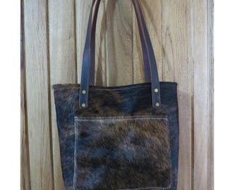 Western Hair on Hide Medium Tote Style Purse Bag Black & Brown Brindle