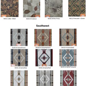 May include: A collection of fabric swatches categorized as Trees and Southwest. The Trees section features pinecone and leaf patterns in gold, black, and green. The Southwest section displays geometric diamond motifs in various color palettes.