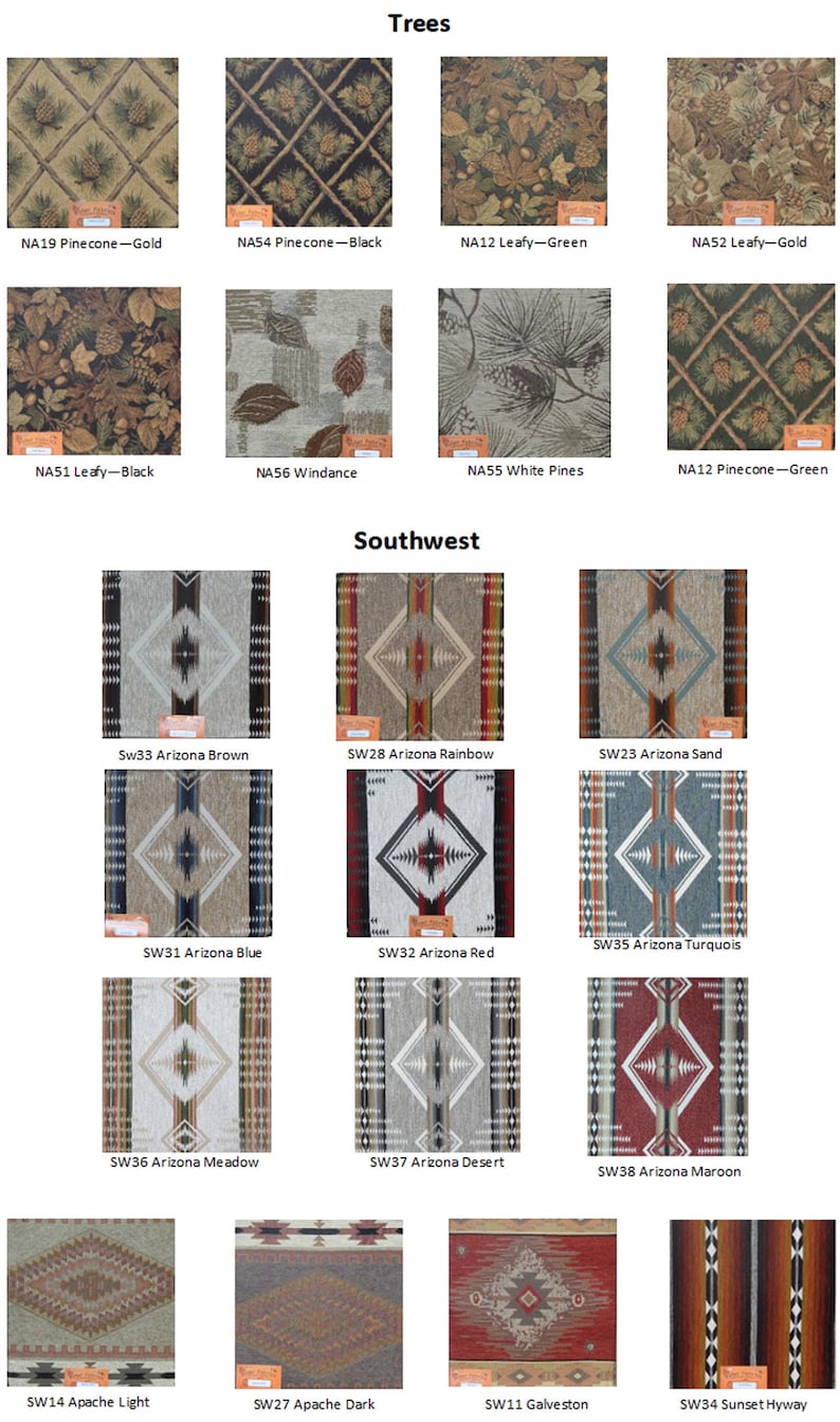 May include: A collection of fabric swatches categorized as Trees and Southwest. The Trees section features pinecone and leaf patterns in gold, black, and green. The Southwest section displays geometric diamond motifs in various color palettes.