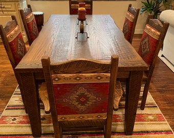 Rustic Barn wood Farmhouse Dining Table 7 Piece Set including 4 Chairs and 2 Arm Chairs