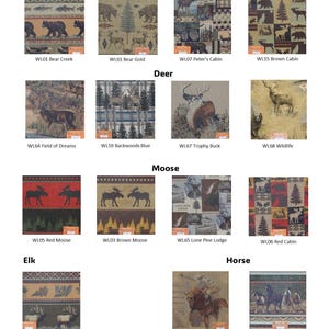 May include: A collection of fabric swatches featuring wildlife and nature themes including bears, deer, moose, elk, and horses, alongside textured faux leather options. Each square sample is labeled with a specific code and descriptive name.