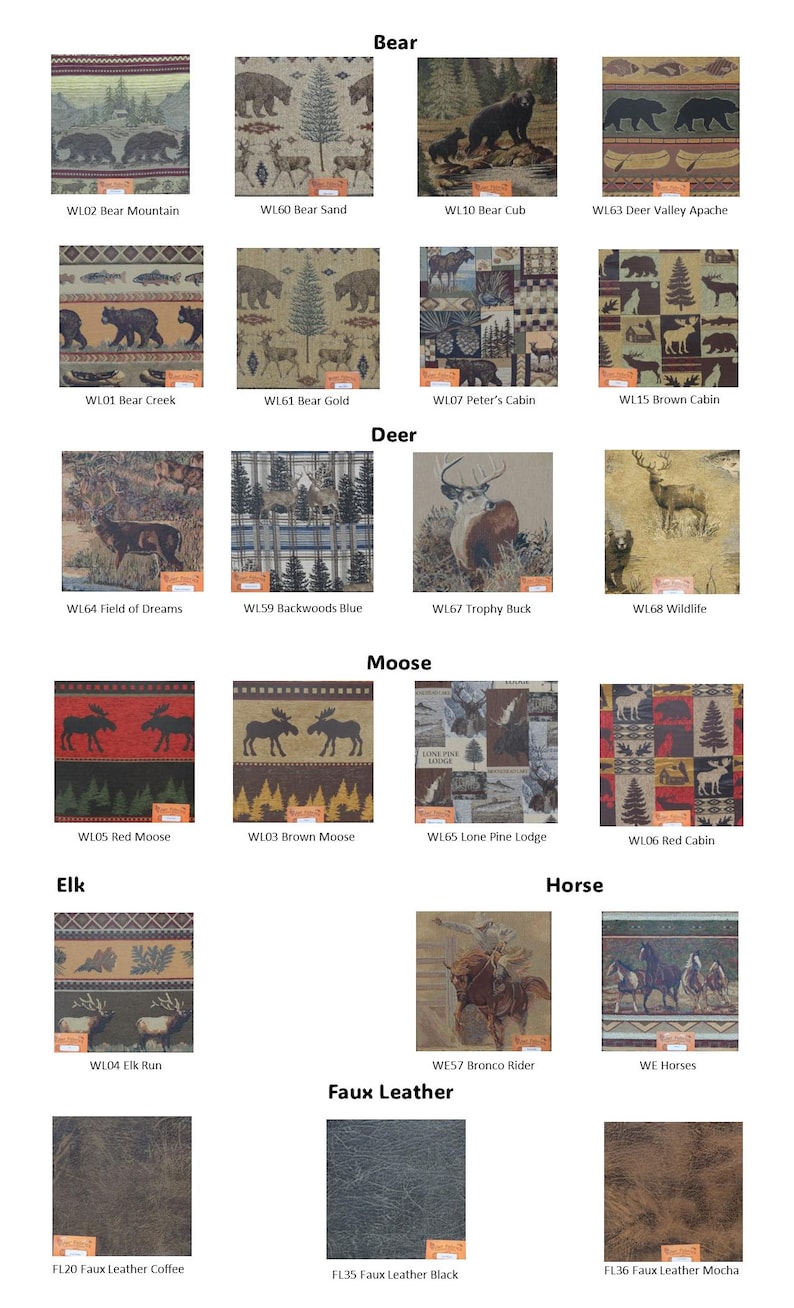 May include: A collection of fabric swatches featuring wildlife and nature themes including bears, deer, moose, elk, and horses, alongside textured faux leather options. Each square sample is labeled with a specific code and descriptive name.