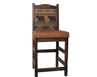 24" or 30"  Rustic Barn wood Upholstered Bar Stool Multiple Fabrics