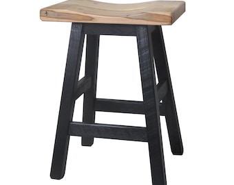 Distressed Wormy Maple Bar Stools - Saddle Seat 24"  2-Tone