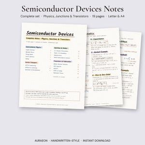 May include: A set of 19 pages of handwritten-style notes titled Semiconductor Devices Notes, covering physics, junctions, and transistors. The pages feature grid paper, colorful headers, mathematical formulas, and structured topic lists for study.