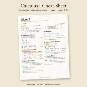 Hoja de referencia imprimible de Cálculo 1, reglas de derivadas e integrales, hoja de fórmulas de cálculo, apuntes de matemáticas, PDF con estilo manuscrito