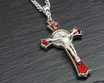 St Benedict Crucifix, Colour Choice, Red Crucifix, gift man woman adult baptism gift RCIA confirmation Holy Communion Godfather gift Priest