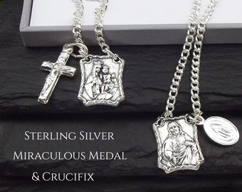 Scapular Medals chain necklace with Sterling Silver Miraculous Medal + Sterling Crucifix ideal Christmas gift Communion, Confirmation gift