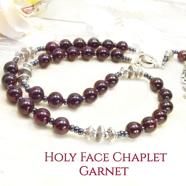 HOLY FACE CHAPLET with chunky Ruby Garnet 8mm beads and Tibetan style silver Our Fathers with Medal of The Holy Face