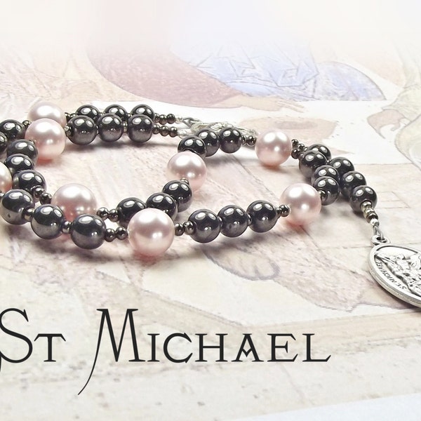 St MICHAEL CHAPLET with Haematite beads and Palest Pink Swarovsi Pearls and St Michael Medal