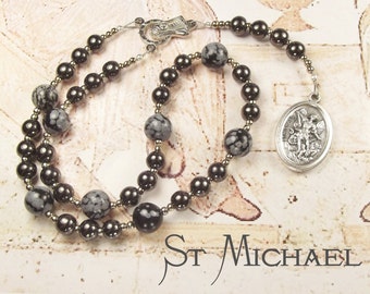 St MICHAEL CHAPLET with Haematite and Snowflake Obsidian beads and St Michael Medal with prayer card