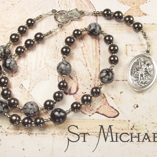 St MICHAEL CHAPLET with Haematite and Snowflake Obsidian beads and St Michael Medal with prayer card