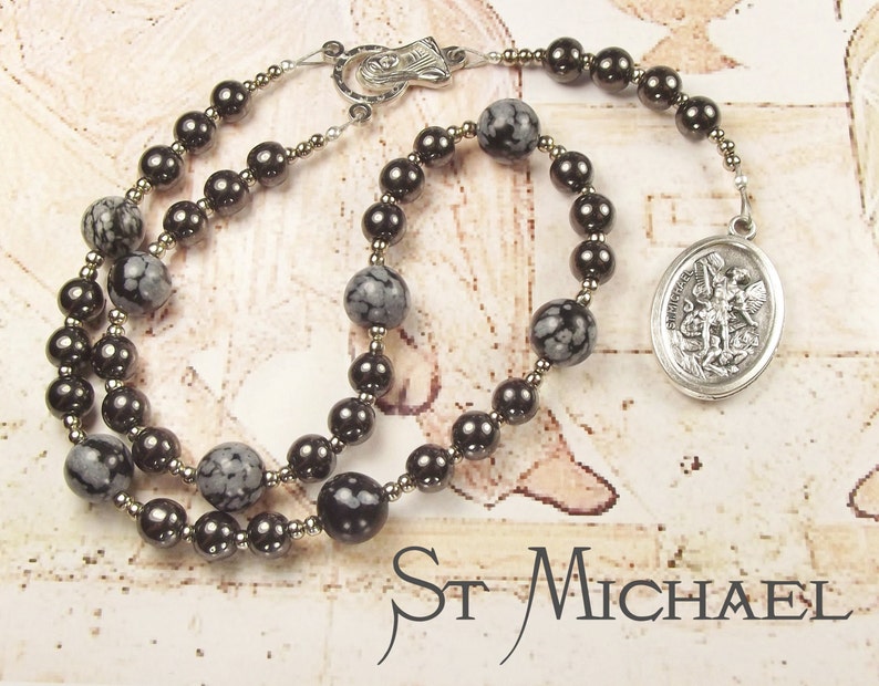 St MICHAEL CHAPLET with Haematite and Snowflake Obsidian beads and St Michael Medal with prayer card NO PRAYER & GIFT BOX