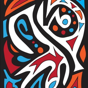 May include: Abstract geometric design with black, white, red, orange, and blue shapes. The design features a variety of curved and angular lines, creating a dynamic and visually interesting pattern.