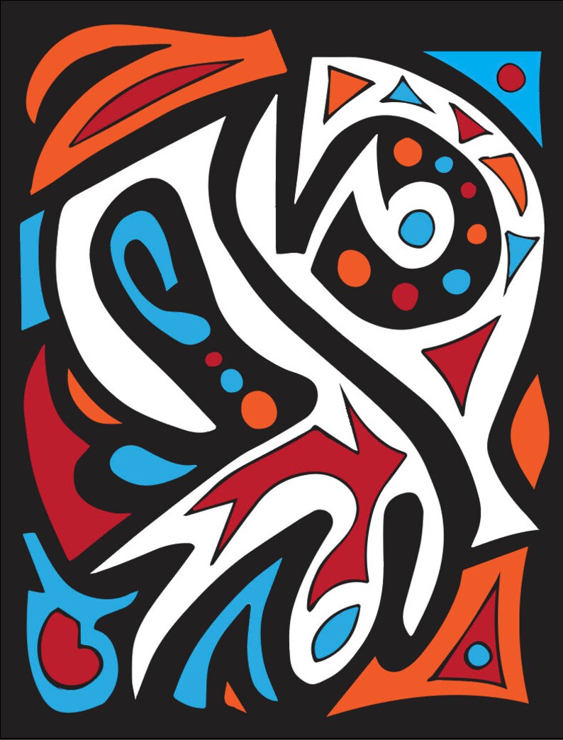 May include: Abstract geometric design with black, white, red, orange, and blue shapes. The design features a variety of curved and angular lines, creating a dynamic and visually interesting pattern.