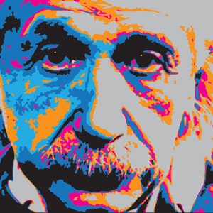 May include: A colorful pop art portrait of Albert Einstein with a blue, orange, and pink color scheme. The image is a close-up of his face and hair.