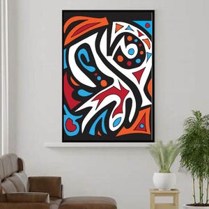 May include: Abstract art print with a black background and colorful geometric shapes in red, orange, blue, and white.