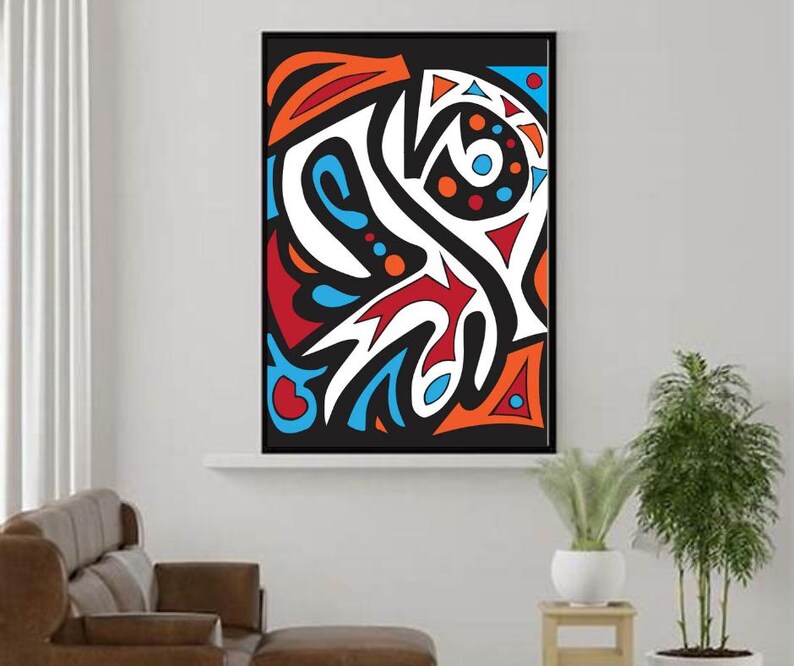 May include: Abstract art print with a black background and colorful geometric shapes in red, orange, blue, and white.