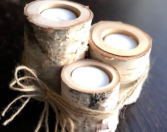 Set of 3 Canadian Birch Tree Candle Holders/ Gift Idea / Birch Bark / Birch Branch / Tealight Holder / Rustic Centerpiece / Made in Canada