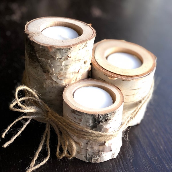 Set of 3 Canadian Birch Tree Candle Holders/ Gift Idea / Birch Bark / Birch Branch / Tealight Holder / Rustic Centerpiece / Made in Canada