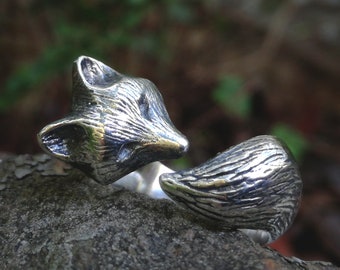 Sterling Silver or Bronze Fox Ring by Folklorika  Adjustable Wrap Animal Jewelry