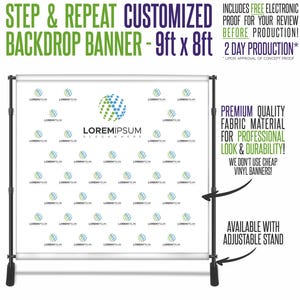 May include: A white step and repeat backdrop banner measuring 9ft x 8ft, supported by a black adjustable metal stand. The banner features a repeating pattern of a blue and green dotted globe logo with the text LOREMIPSUM SLOGANHERE.