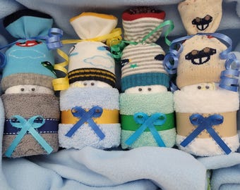 Baby Boy Diaper Decoration Gifts, Baby Shower Centerpiece, Boy, Unique Newborn Gift, Party Favors, Diaper Sock Babies, Washcloth Babies