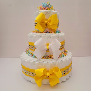 Baby Shower Diaper Cake: Neutral Centerpiece with Ribbons & Bows, Baby Shower Gift, Newborn, Nursery Decoration