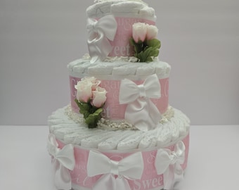 Sweet Baby Pink Diaper Cake, Baby Shower for Girls, Baby Gift, Centerpiece