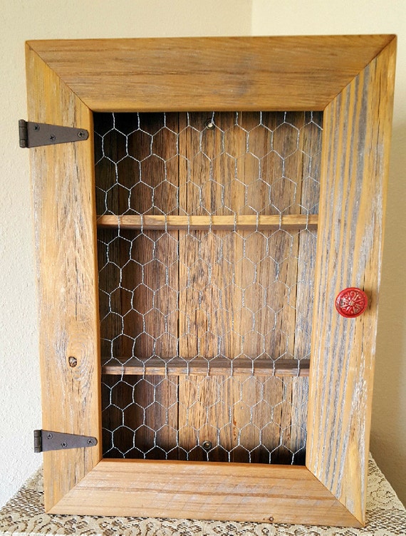 Country Cabinet Rustic Spice Cabinet With Chicken Wire Red Etsy