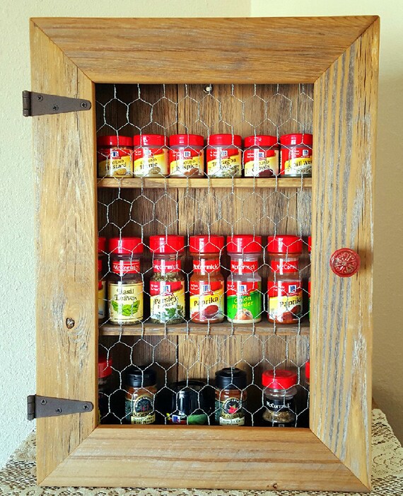 Country Cabinet Rustic Spice Cabinet With Chicken Wire Red Etsy