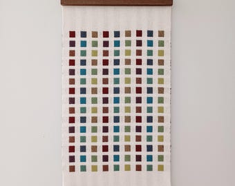 Handwoven Cotton Wall Tapestry, Modern Pixel Grid Art, 13x24.5