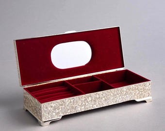 Vintage Silver Plated Jewelry Box, Burgundy Velvet Interior, Floral Motifs