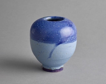 Blue Glazed Handmade Pottery Vase: Wabi-Sabi Minimalist Artist Signed