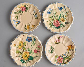 1930's Nove Floral Italian Bread Plates: Hand Painted Ceramic Saucers (Set of 4)