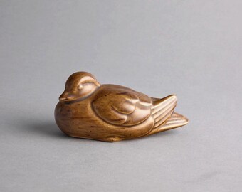Brown Ceramic Duck Figurine Sculpture: MCM Minimalist Artist Signed