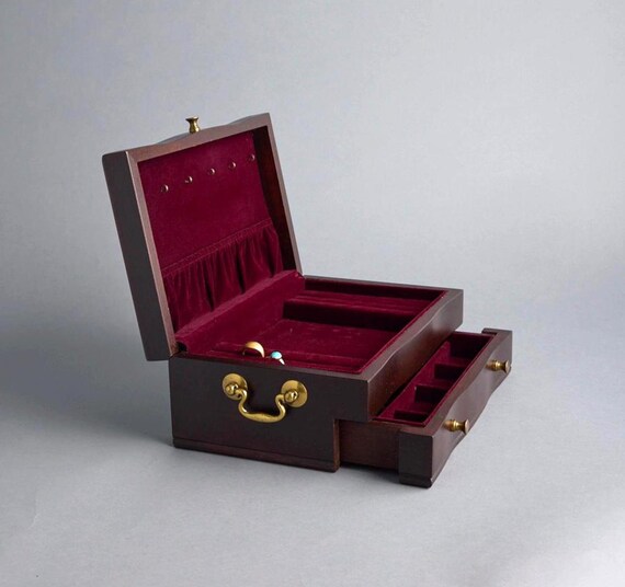 Large Jewelry Box Chest: Mahogany Finished Wood, Burgundy Velvet, by Reed and Barton