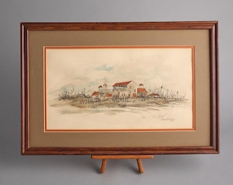 Original Ink and Watercolor Artist Signed: Old Farm Red Roofs Harvest Grass Country Side