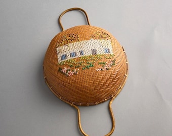 Cross Stitch Woven into Basket: Handmade Needlepoint Building Flowers Trees