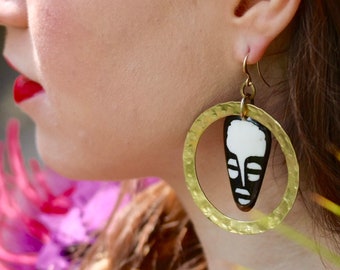 Gold African Earrings afrocentric earrings African hoop earrings african print earrings african mask earrings batik earrings black and white