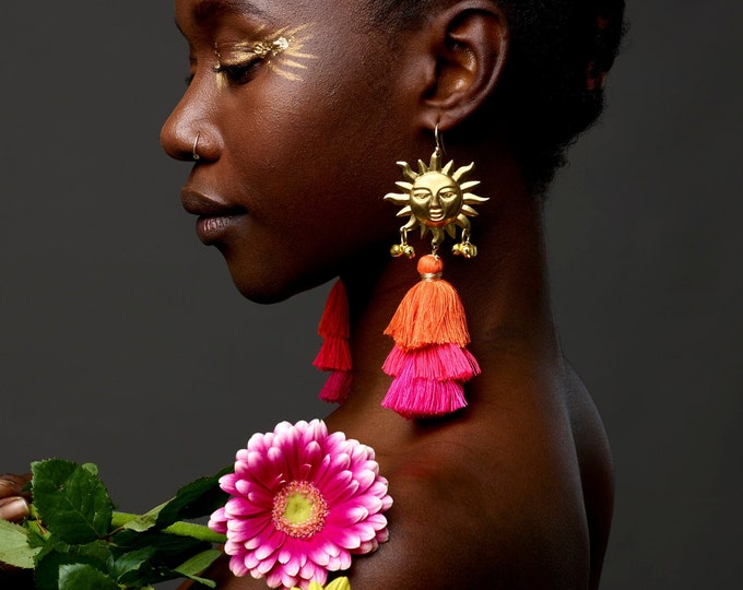 Handmade Brass Sun Tassel Earrings, Peruvian Boho Statement Jewelry
