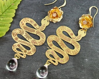 Snake Earrings, nature earrings, boho earrings, flower earrings, nature jewellery, sun stone, semi precious, gold earrings, big gold earring