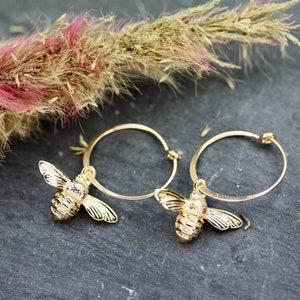 Bee Earrings covered in 18k gold with 18k gold filled hoops - Insect earrings, fly earrings, delicate earrings, bee hoops, insect jewellery