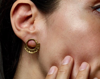 Round Tribal Gold Studs with Hammered Texture - Gold boho round earrings with geometric cut outs