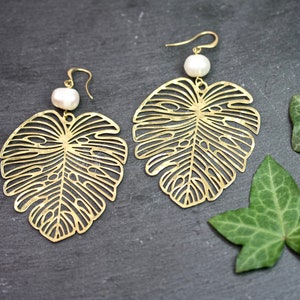 Gold Leaf Earrings with pearl finish, monstera earrings statement earrings big leaf earrings big gold earrings Etsy's Pick image 1
