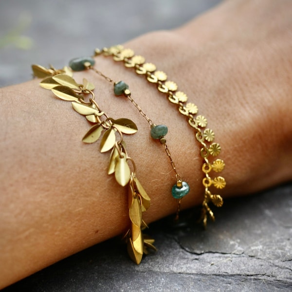 Bracelet en or délicat, bracelet délicat, bracelet de pierres précieuses, bracelet soleil, bracelet feuille, bracelet en laiton, bracelet bohème, bracelet bohème