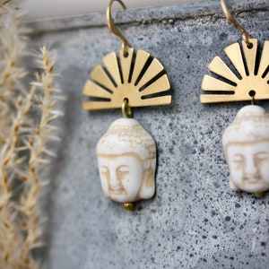 Buddha Earrings With Brass Sun Crown Boho earrings hippie earrings yoga earrings sun earrings ethnic earrings religious earrings ancient image 1