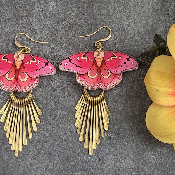 Pink Butterfly Earrings with Brass Fringe Reminiscent of Flight, Large but relatively light in weight - boho earrings large boho earrings