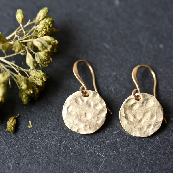 Hammered Brass Disc Earrings, Minimalist Gold Coin Jewelry